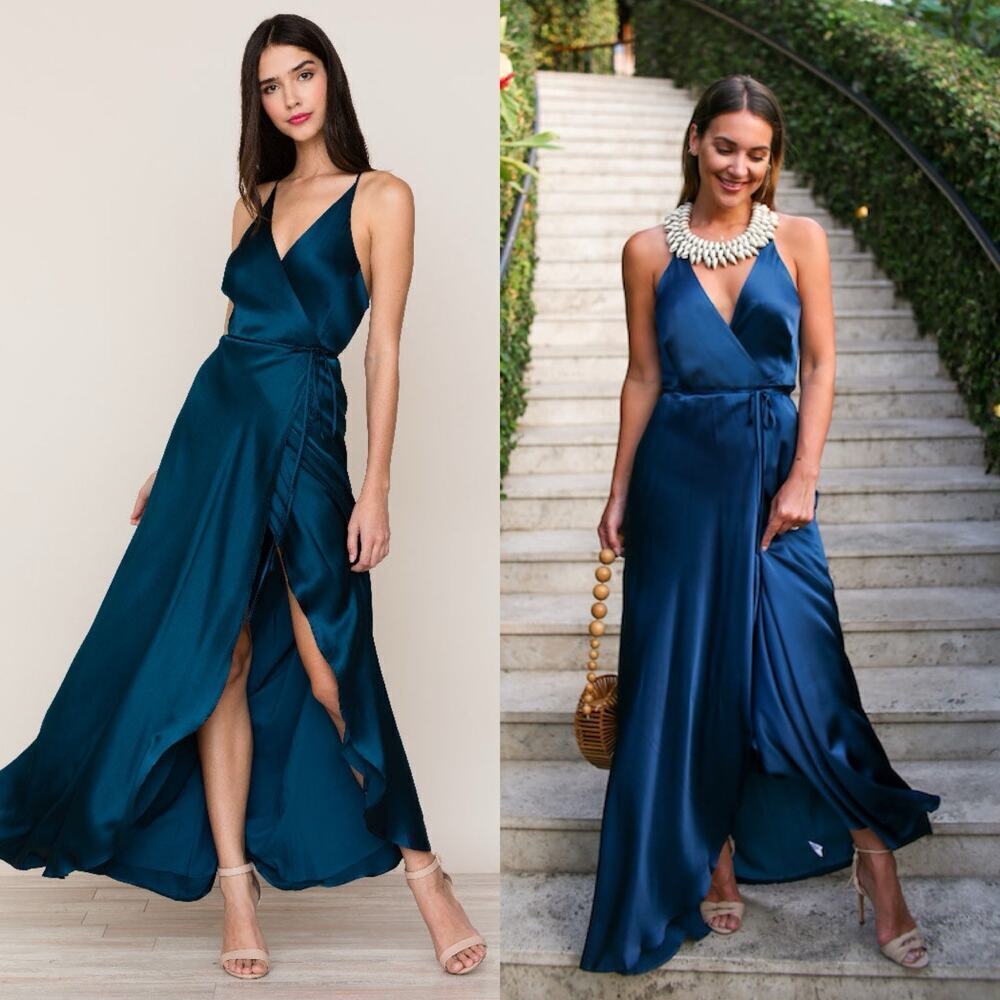 Yumi Kim Rush Hour 100% Silk Maxi Wrap Dress/Gown NWT in Ink Blue Size Small